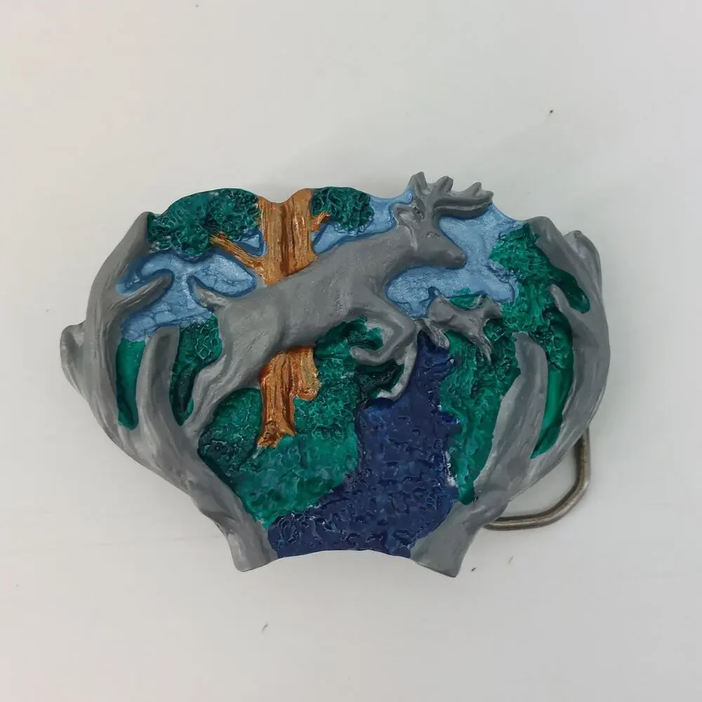 Deer Antlers Woods Western Cowboy Nature Belt Buckle Enamel